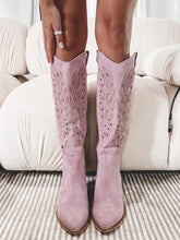 Pink Embroidered Pointed Toe Slanted Heel Cowgirl Mid Calf Boots